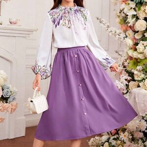 Tween Girls' Stand Collar Flower Pattern Lantern Sleeve Shirt Two Piece Set